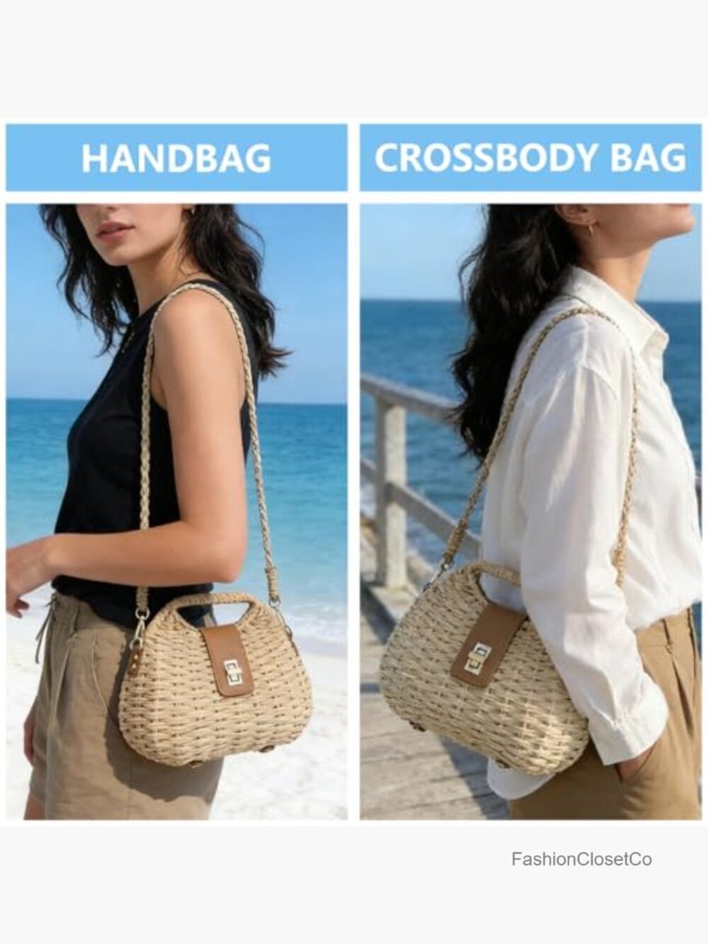 Straw Crossbody Bag Boho Summer Beach Basket Purse Woven Wicker Shoulder Handbag - Picture 2 of 6